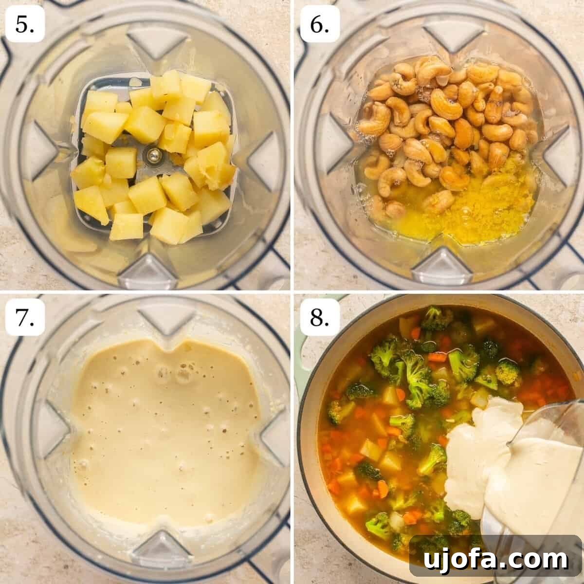 A series of numbered step-by-step photos illustrating the final stages of preparing and serving the creamy potato soup.