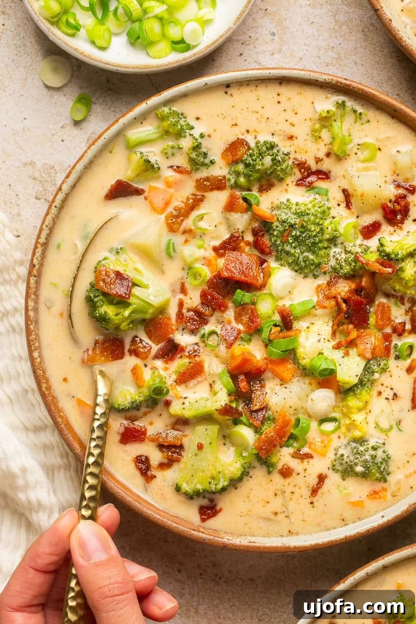 A beautifully presented bowl of creamy potato soup, artfully garnished with crispy bacon and fresh green onions.