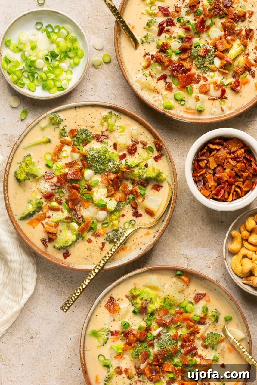 Three bowls filled with rich and creamy dairy-free loaded potato soup, each garnished with crispy bacon and fresh green onions.