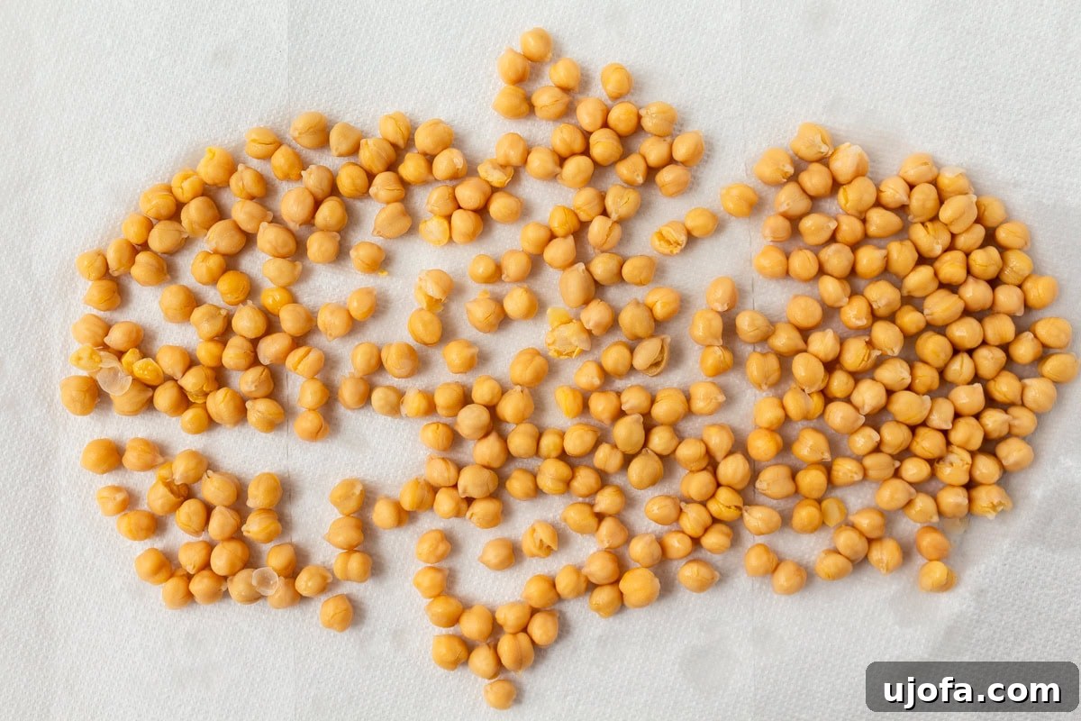 A spread of uncooked chickpeas drying on a white paper towel, prepared for roasting.