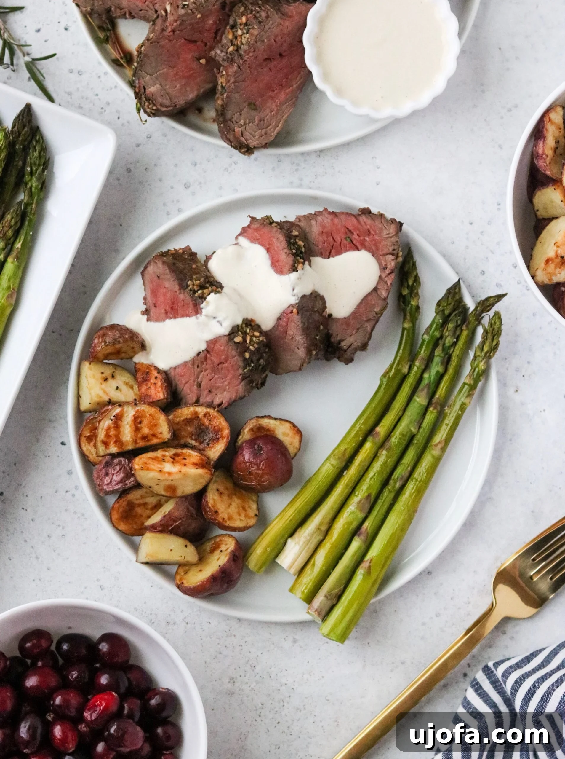 Perfect Whole30 Beef Tenderloin with Dairy-Free Horseradish 5 Cooked beef tenderloin slices with horseradish sauce