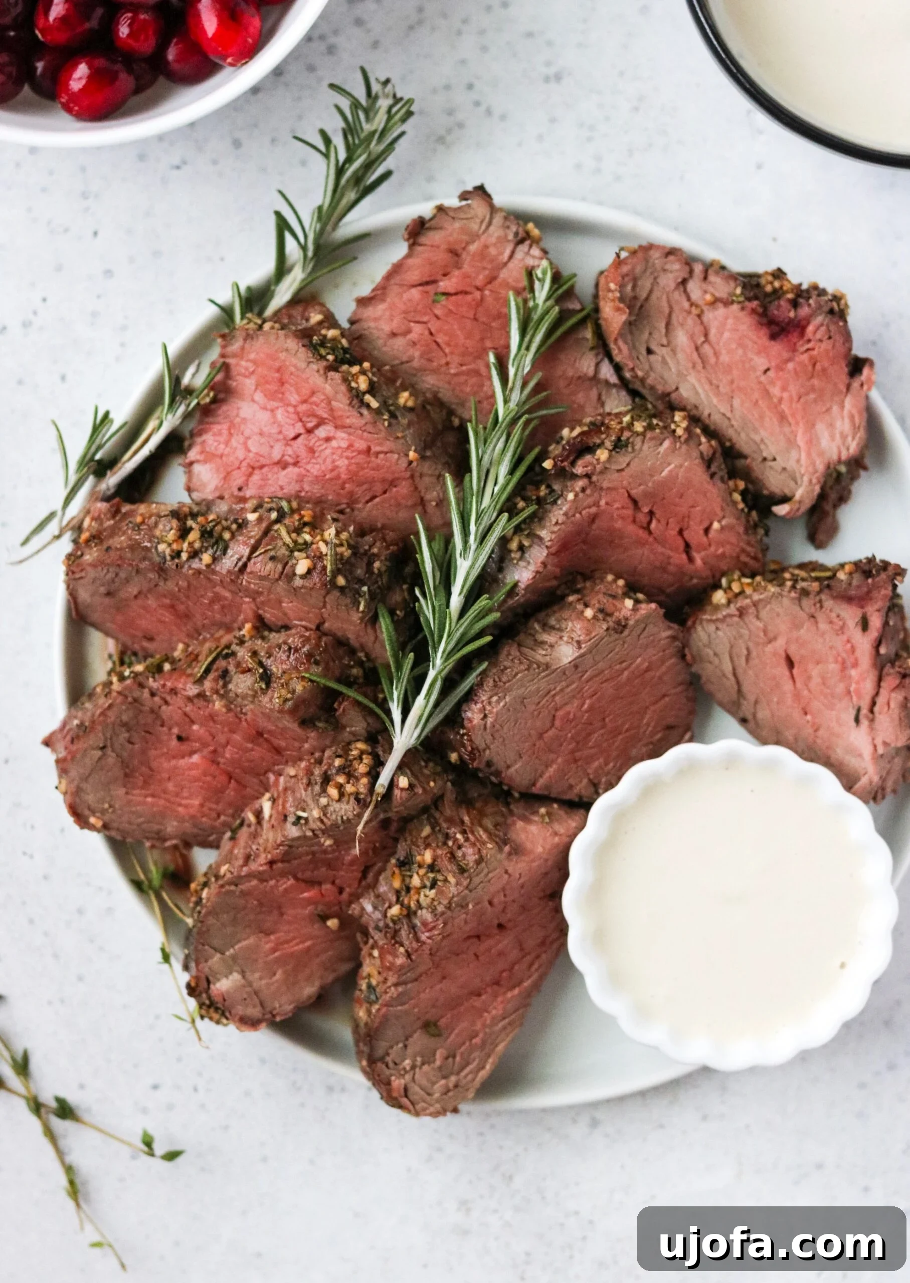 Perfect Whole30 Beef Tenderloin with Dairy-Free Horseradish 6 Cooked beef tenderloin served with roasted vegetables and dairy-free horseradish sauce