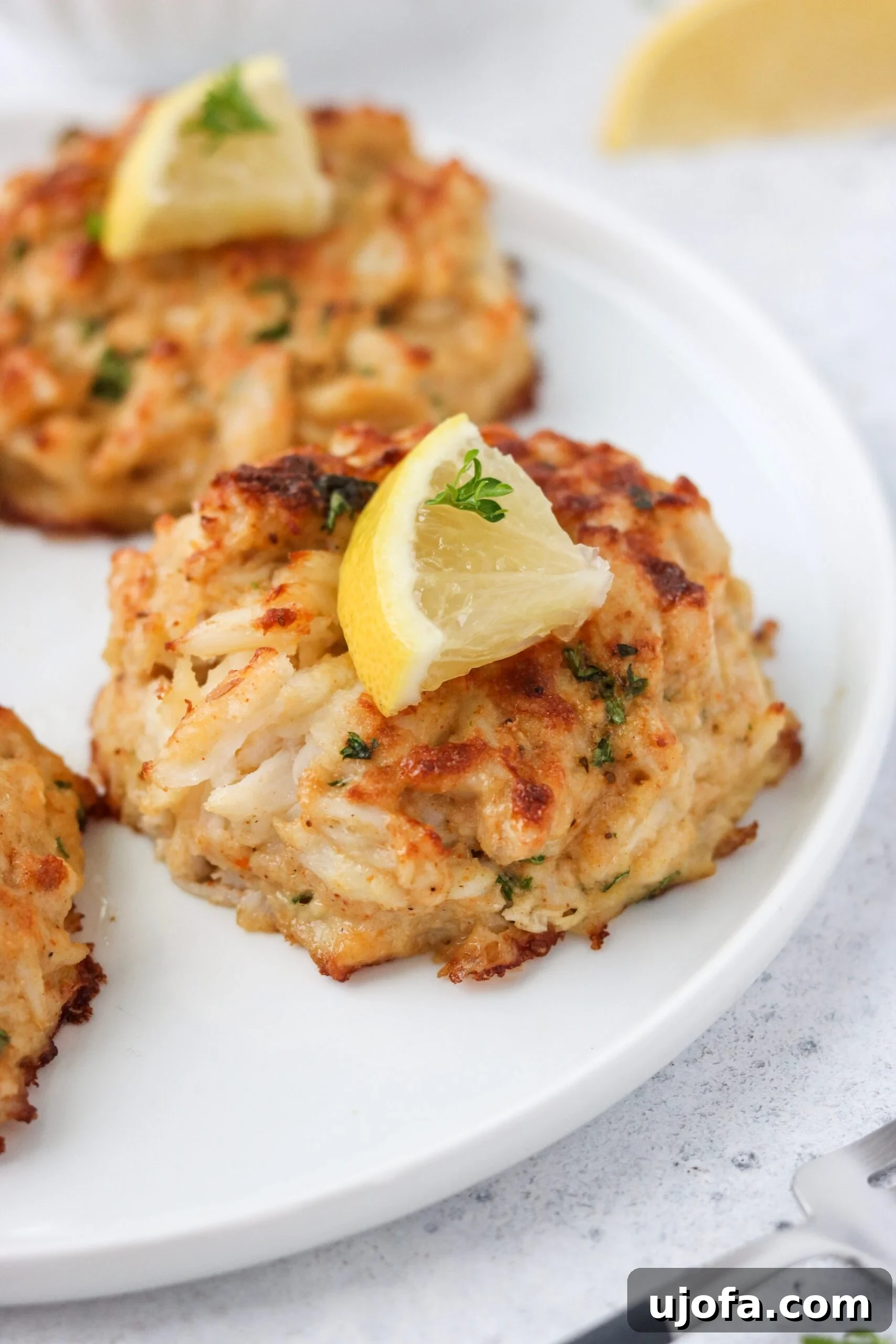 Crispy gluten-free crab cakes with fresh lemon wedges, perfect for a healthy meal.