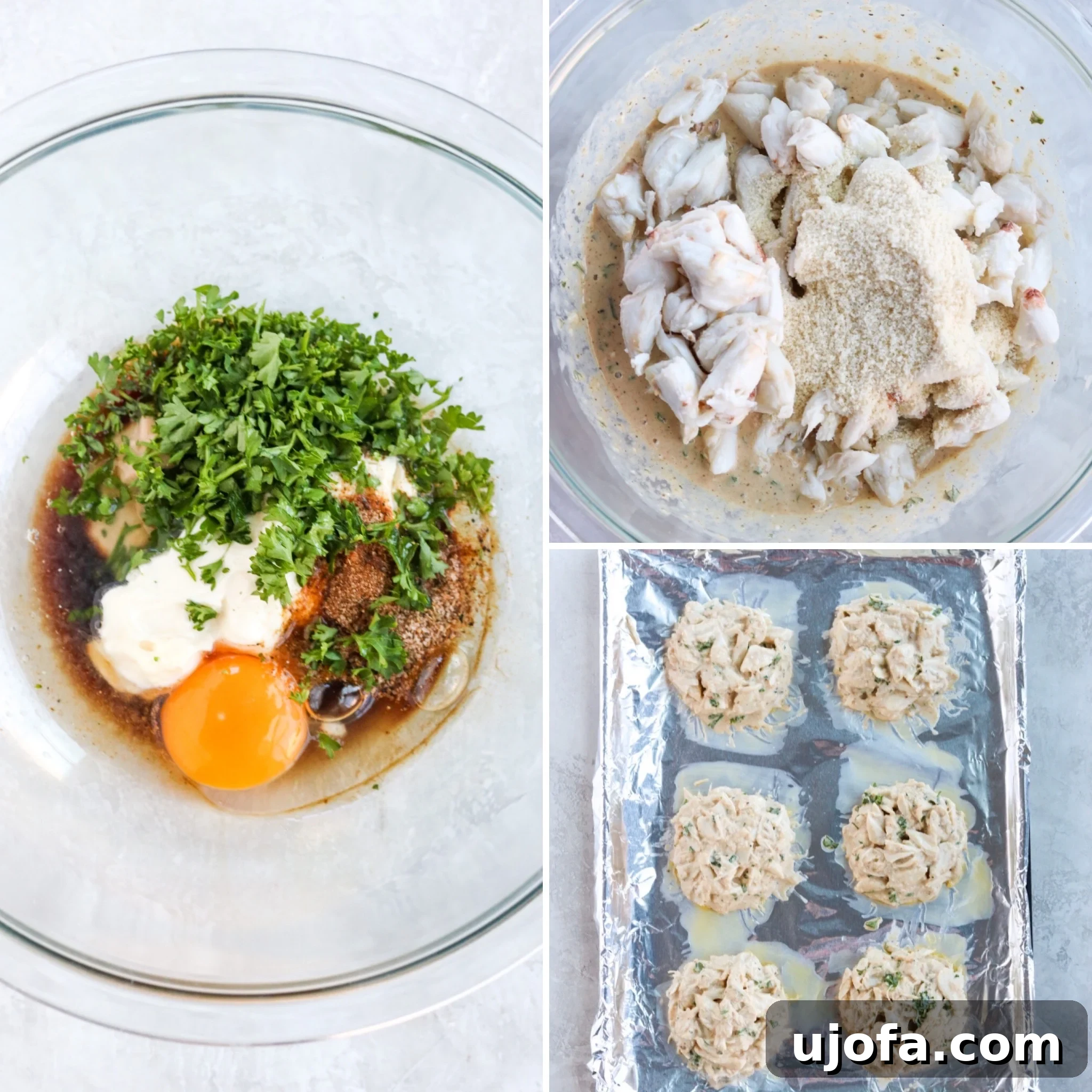 A visual guide showing three stages of forming crab cakes, from mixed ingredients to perfectly shaped patties.