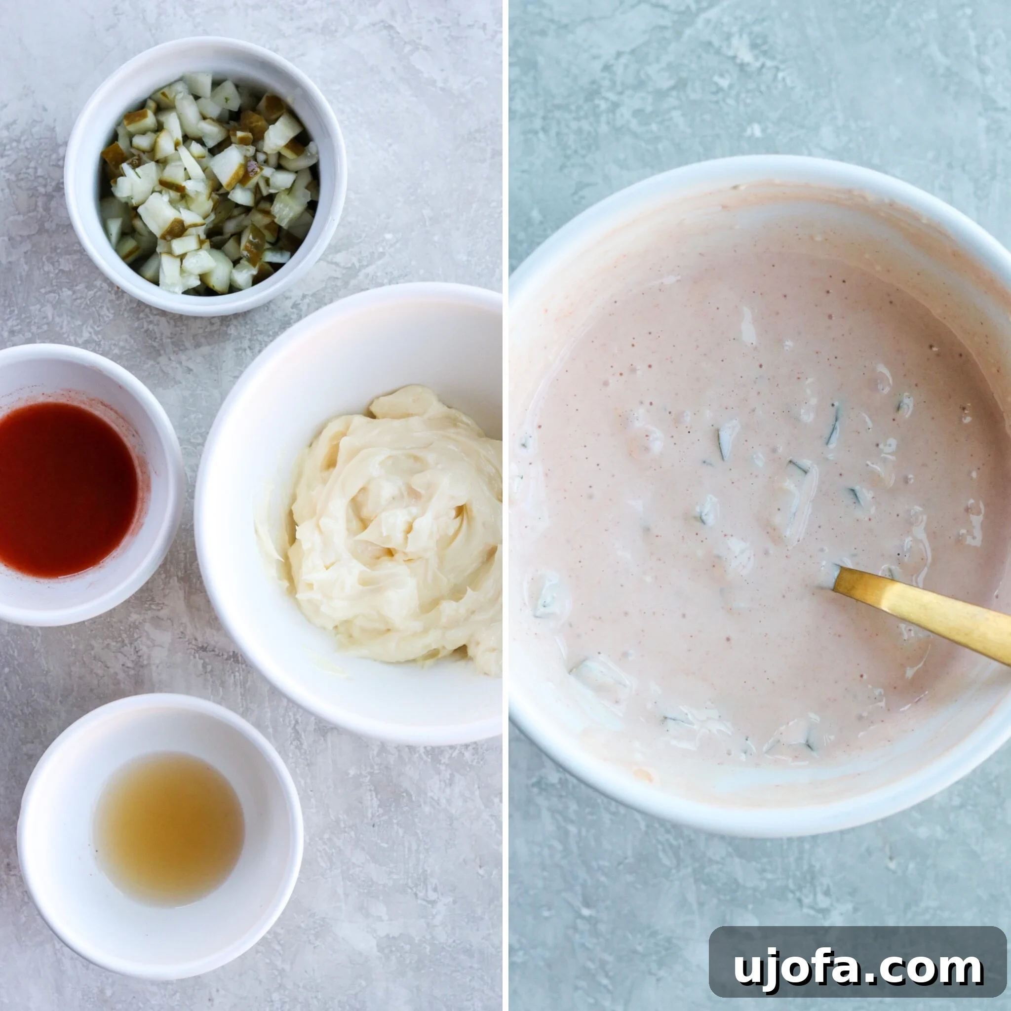 Two side-by-side photos illustrating the process of making homemade tartar sauce: ingredients laid out, followed by the finished mixed sauce.