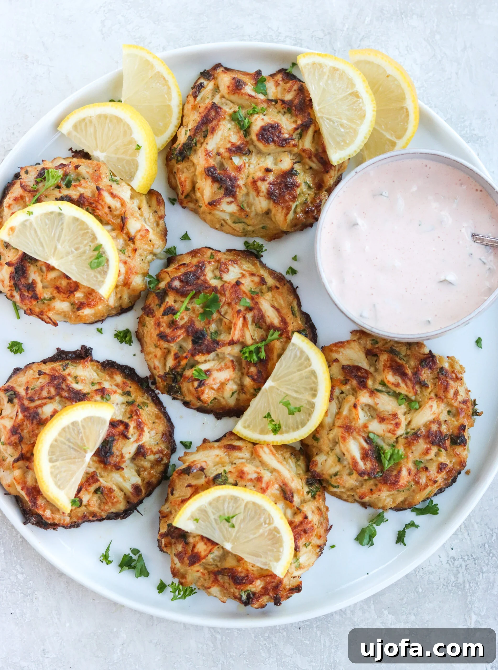 A stunning plate of crispy, golden-brown crab cakes garnished with vibrant lemon wedges, alongside a small bowl of creamy dipping sauce.