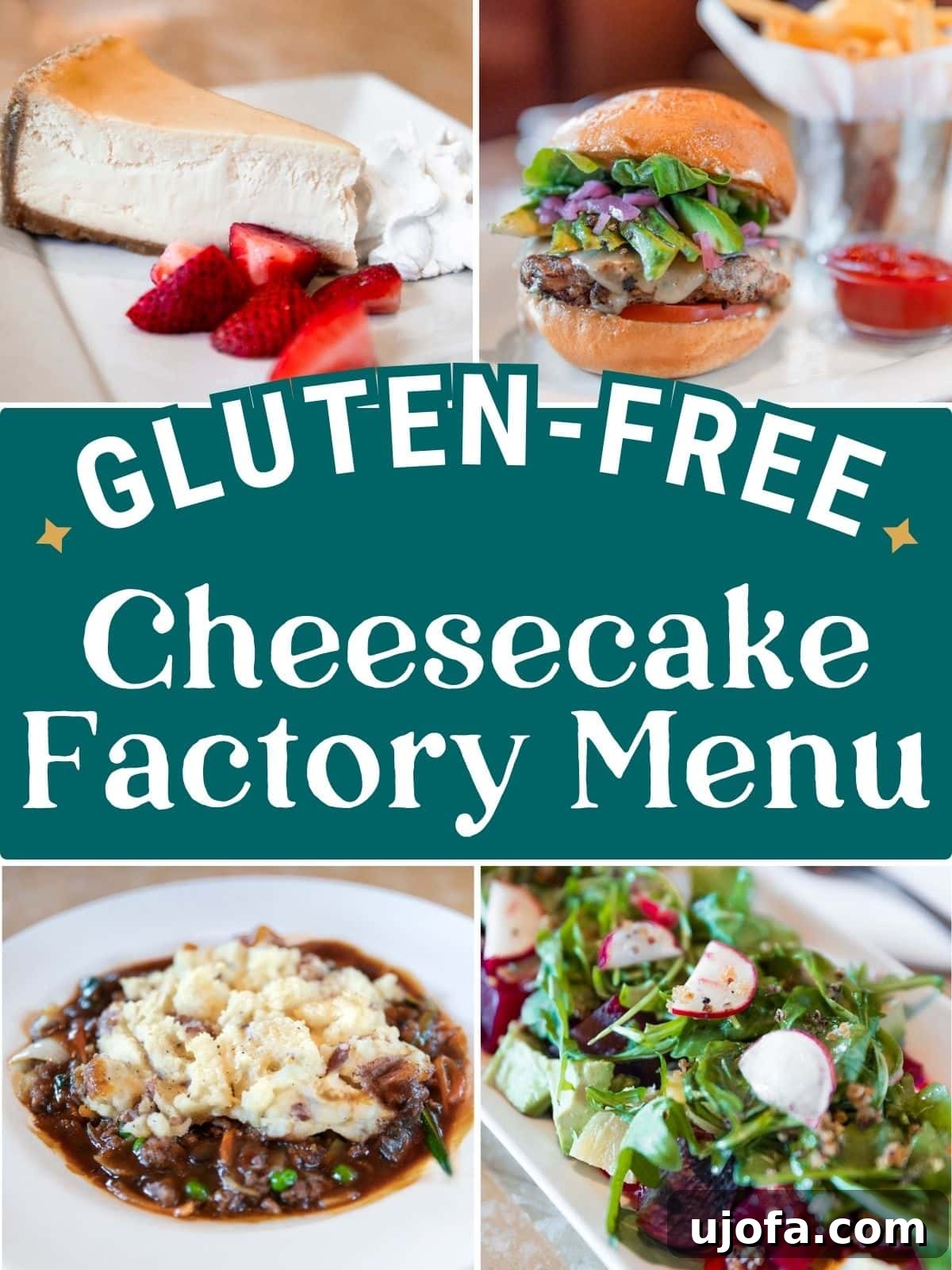 Unlock Gluten Free Delights at The Cheesecake Factory 2 pin image collage of gluten free items from the Cheesecake Factory