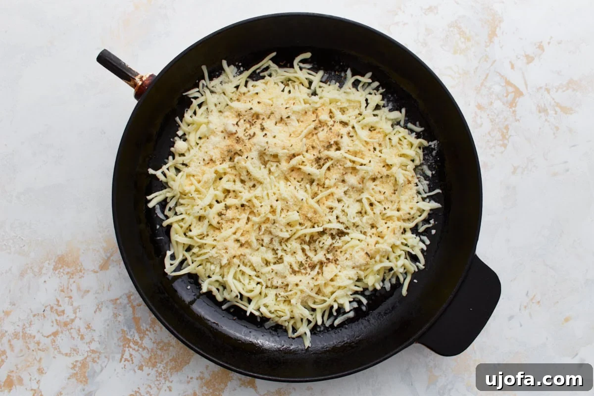 Pizza Bowl 6 Shredded cheese mixture in a skillet, visibly topped with dried oregano and garlic powder, prior to being baked to form the crust.