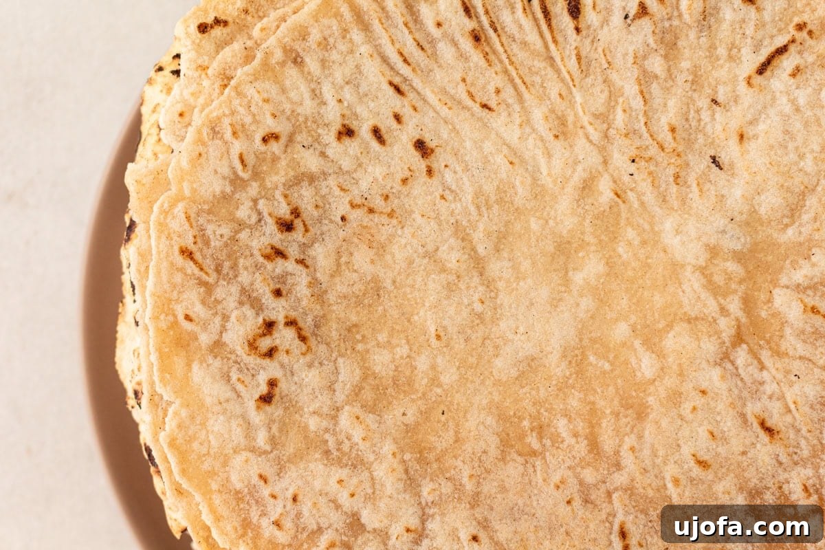 Grain-Free Cassava Wraps 10 A close-up view of freshly cooked cassava flour tortillas, stacked neatly on a plate.