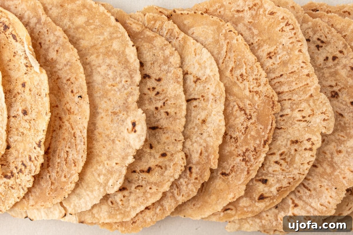 Grain-Free Cassava Wraps 11 An overhead shot showcasing an arrangement of golden-brown cassava tortillas, highlighting their pliable texture.
