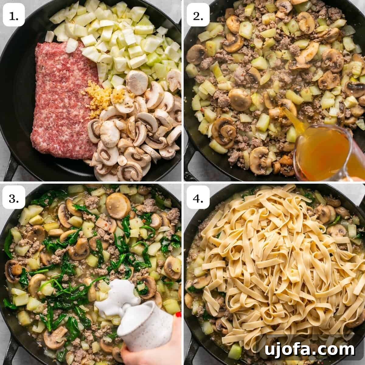 sausage and fennel pasta cooking in a large skillet