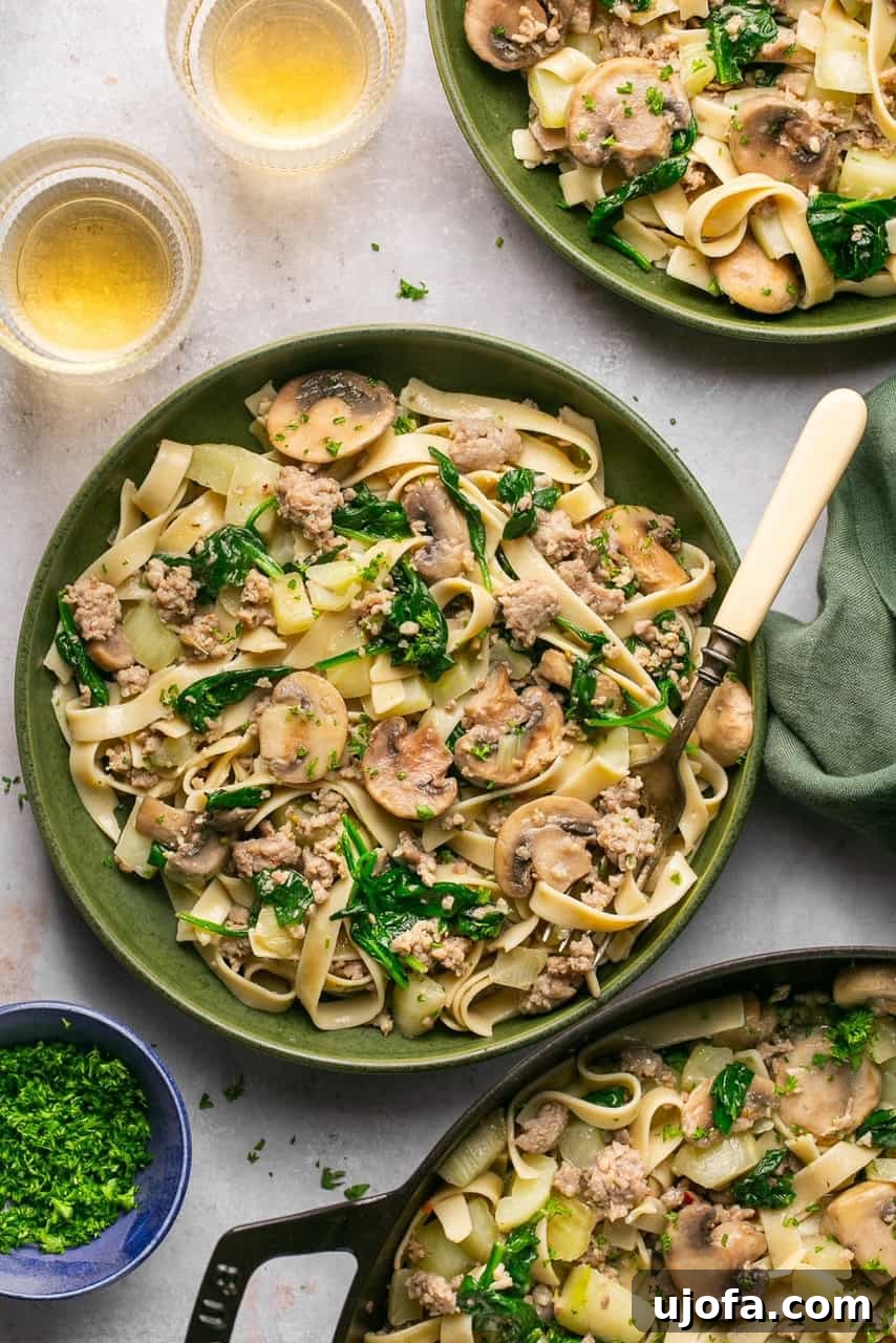 two bowls of sausage and fennel pasta, garnished with parsley, on a grey background