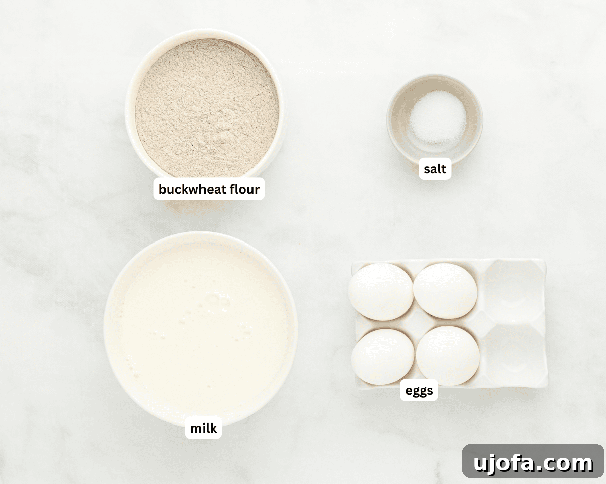 Savory Buckwheat Galettes 4 All the necessary ingredients for buckwheat crepes neatly arranged on a kitchen counter: milk, buckwheat flour, eggs, and salt, ready for blending.
