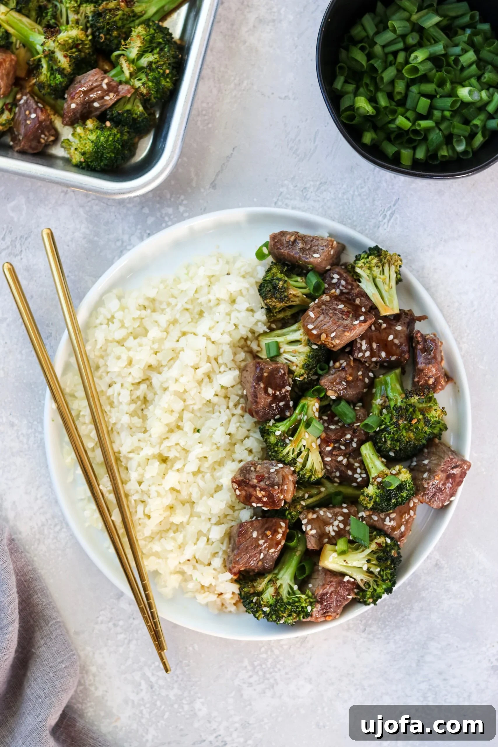 Close-up of Sheet Pan Beef and Broccoli with sauce