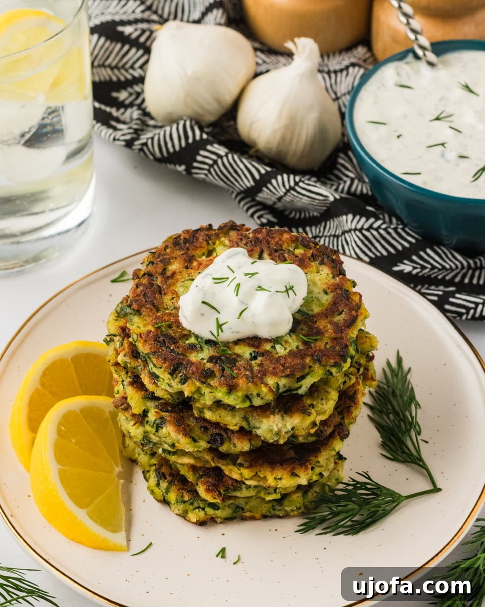 A stack of crispy gluten-free zucchini fritters topped with a dollop of creamy yogurt sauce and garnished with fresh dill, served with lemon wedges on a white plate.