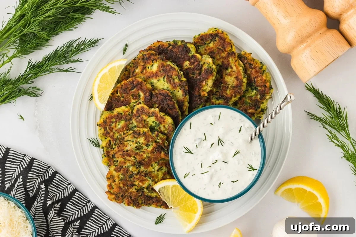 A serving platter of pan-fried zucchini fritters arranged around a bowl of creamy dill dipping sauce, garnished with fresh dill and lemon wedges.