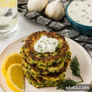 A stack of crispy zucchini fritters topped with a dollop of creamy yogurt sauce and garnished with fresh dill, served with lemon wedges on a white plate.