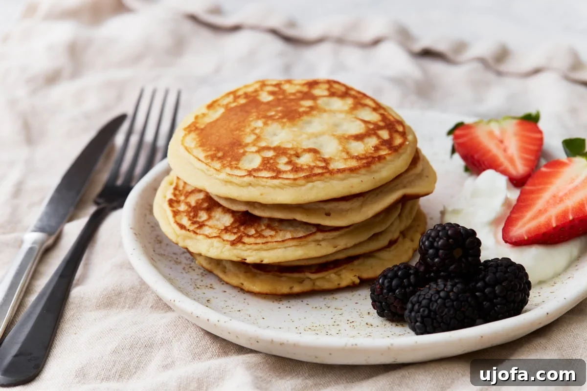 A close-up of a stack of fluffy gluten-free protein pancakes, artfully arranged on a white plate and garnished with fresh berries and a dollop of creamy Greek yogurt, ready to be served.