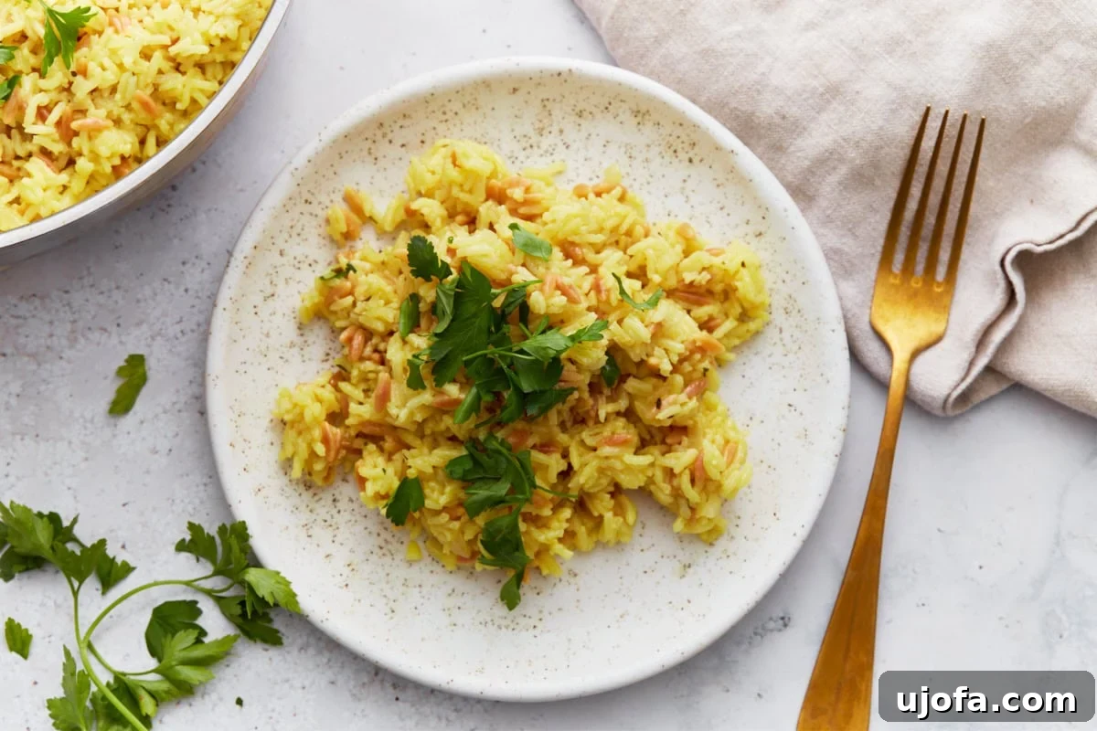 A close-up of a serving of gluten-free rice pilaf on a white plate, sprinkled with fresh parsley and elegantly paired with a gold fork, highlighting its inviting presentation and fluffy texture.