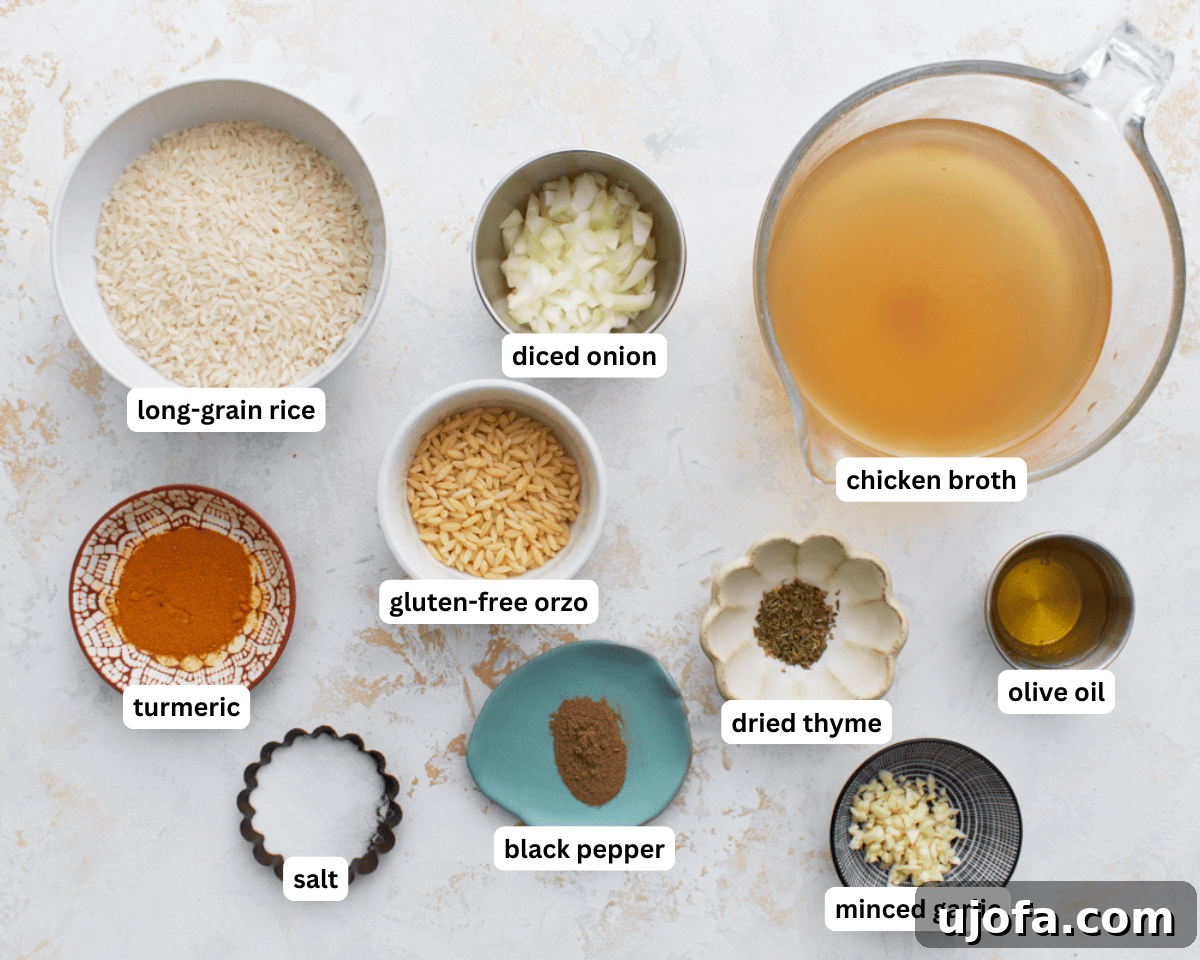 All ingredients for gluten-free rice pilaf laid out on a clean surface, including rice, orzo, onion, garlic, broth, and spices.