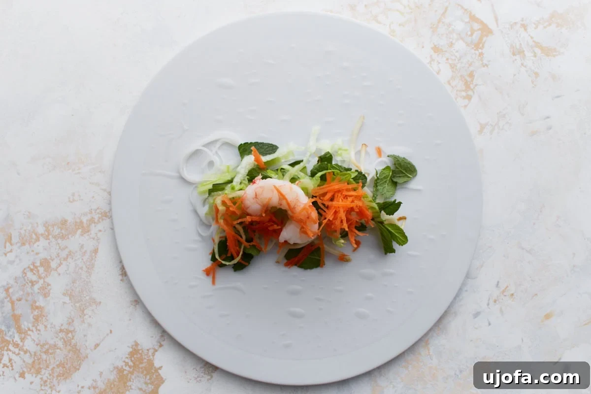 A softened rice paper wrapper on a white plate, topped with shrimp, shredded carrots, fresh mint, lettuce, and vermicelli noodles, ready to be rolled into a summer roll.