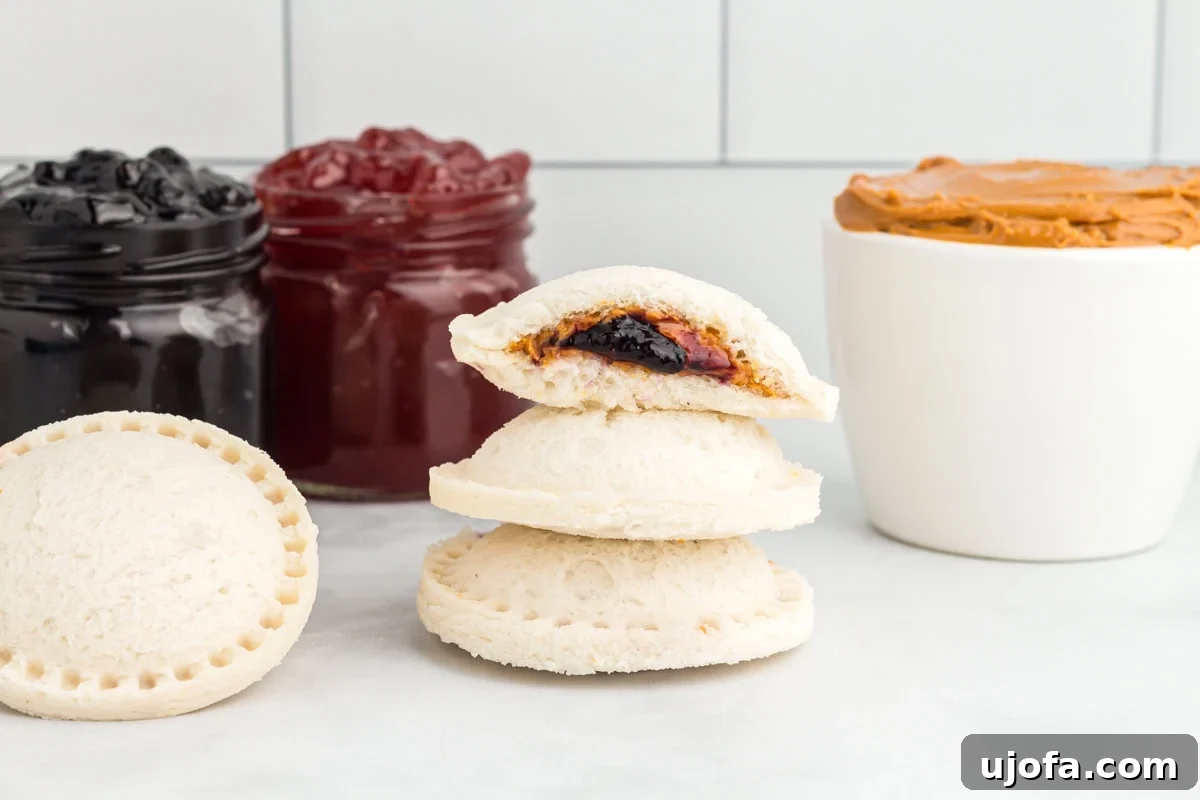 GF Lunchbox Wonders 11 A close-up of a stack of homemade gluten-free uncrustables, with one cut open to show the peanut butter and jam filling, jars of jam and a bowl of peanut butter in the background.