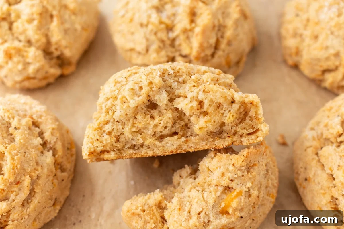 Fluffy Gluten-Free Drop Biscuits 11 A close-up shot of a freshly baked biscuit, gently broken in half to reveal its incredibly tender, fluffy interior dotted with melted cheese bits.