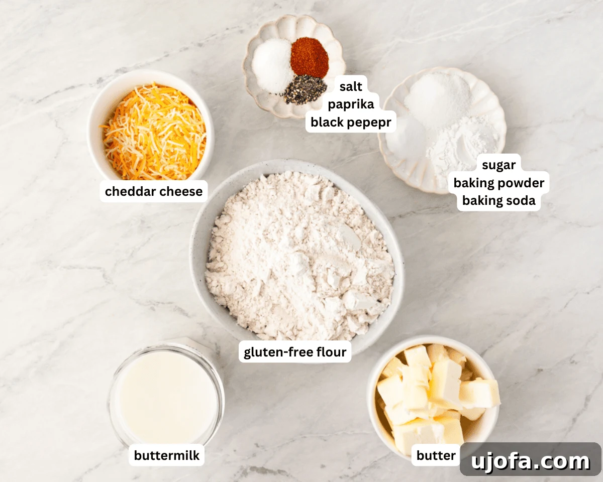 Fluffy Gluten-Free Drop Biscuits 4 A flat lay of all the fresh ingredients needed to make gluten-free drop biscuits, arranged neatly on a kitchen counter.