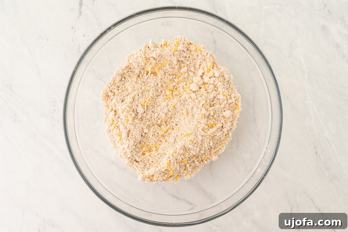 Fluffy Gluten-Free Drop Biscuits 7 The finely crumbled flour mixture, now enhanced with generous amounts of shredded cheddar cheese, perfectly distributed throughout, signaling the next step in biscuit preparation.