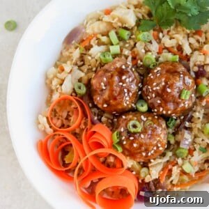 Asian pork meatball bowls with fried rice and carrot spirals