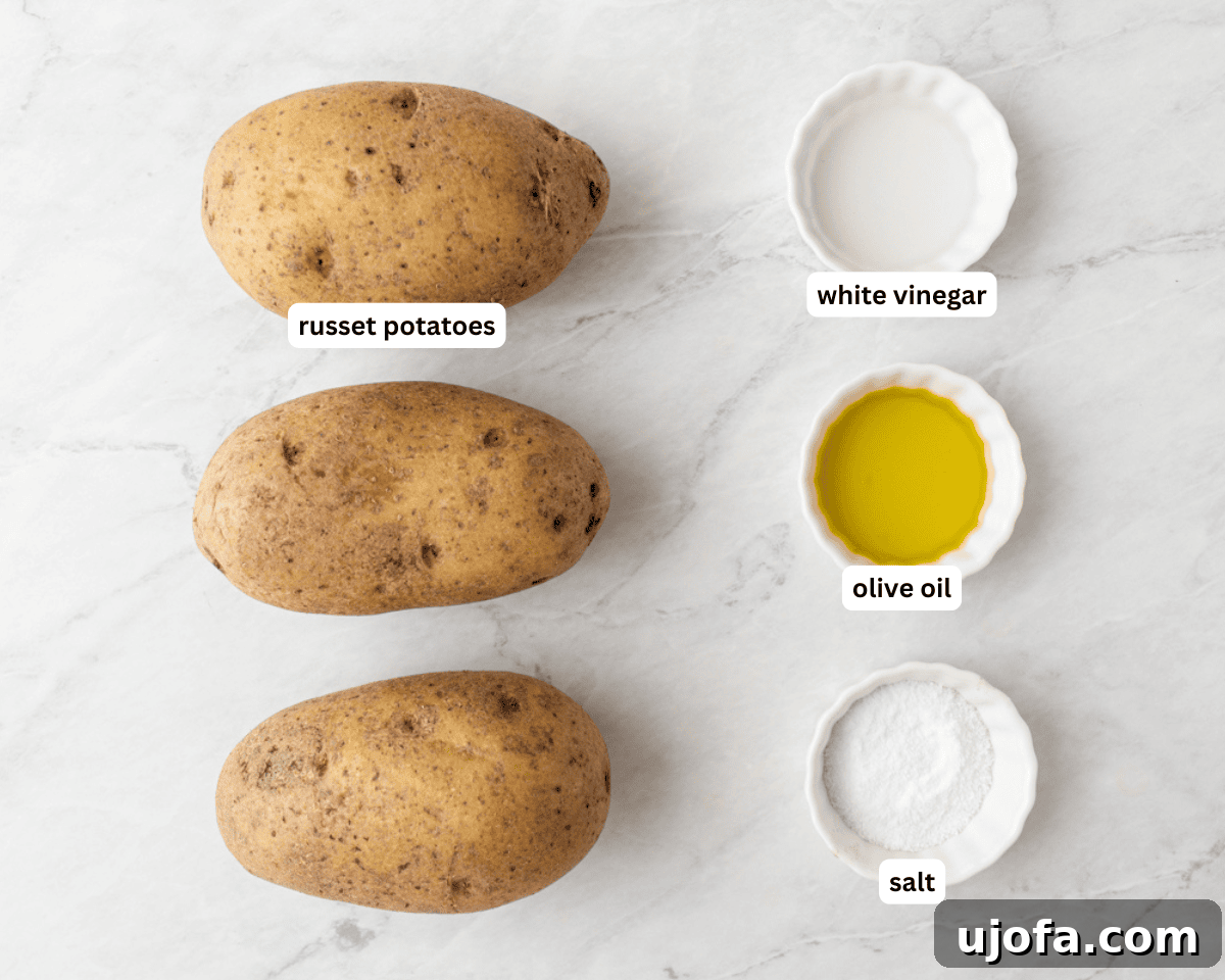 A flat lay of all the simple ingredients required for homemade gluten-free potato chips, including russet potatoes, vinegar, olive oil, and salt, arranged neatly on a counter.