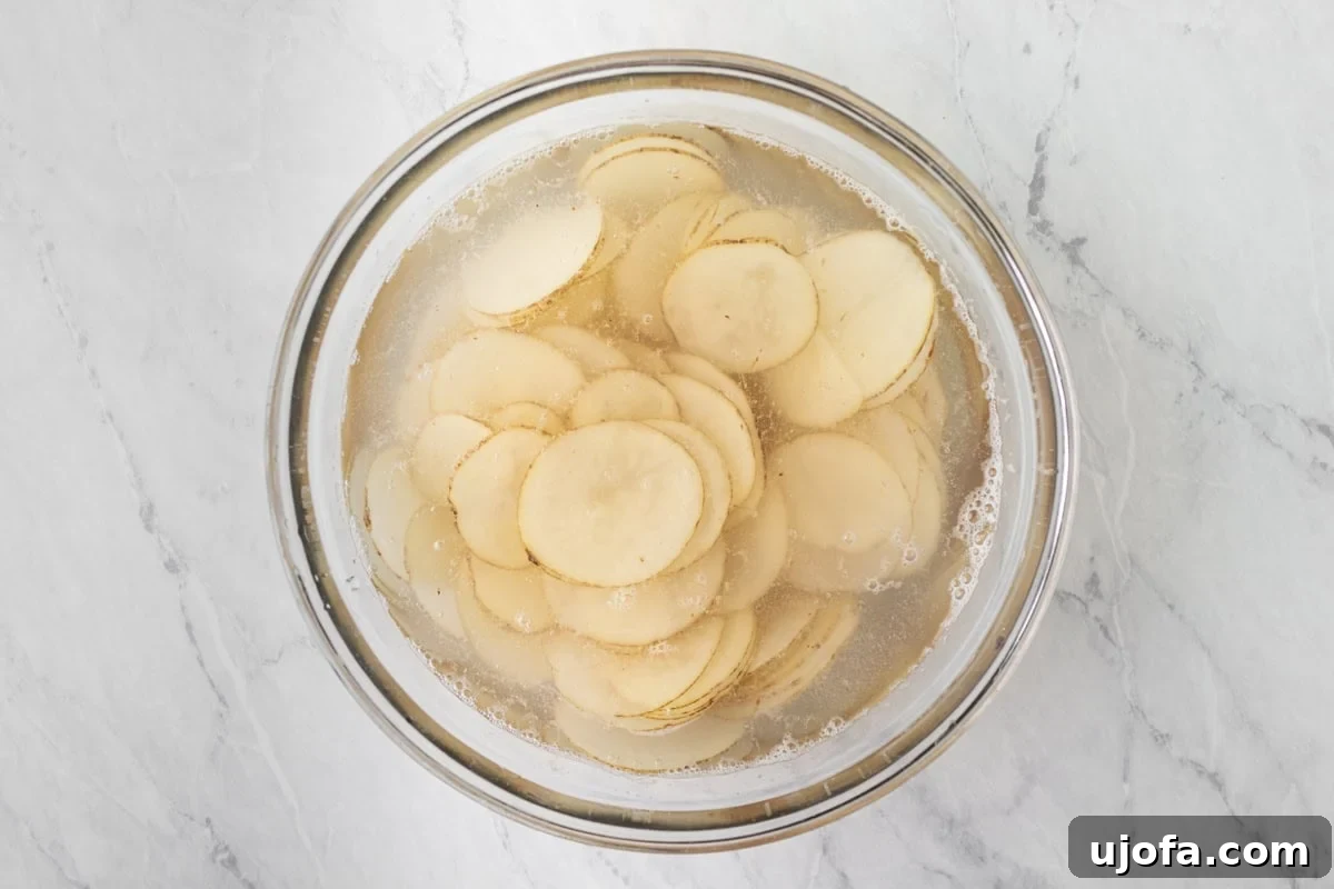 Potato slices soaking in a clear bowl filled with water and vinegar, visibly demonstrating the starch-removal process crucial for crispy air-fried chips.