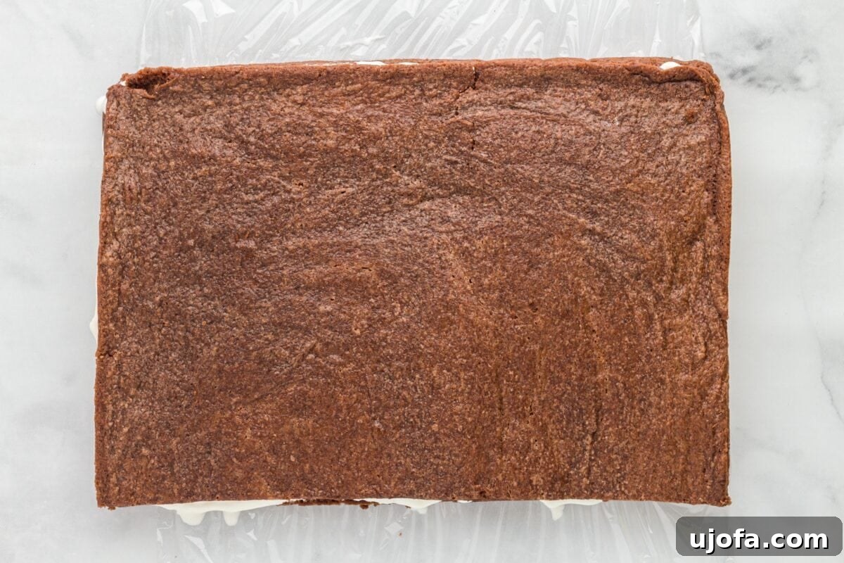 The second half of the baked chocolate cookie base is carefully placed on top of the ice cream layer, completing the large ice cream sandwich block before its final freeze.