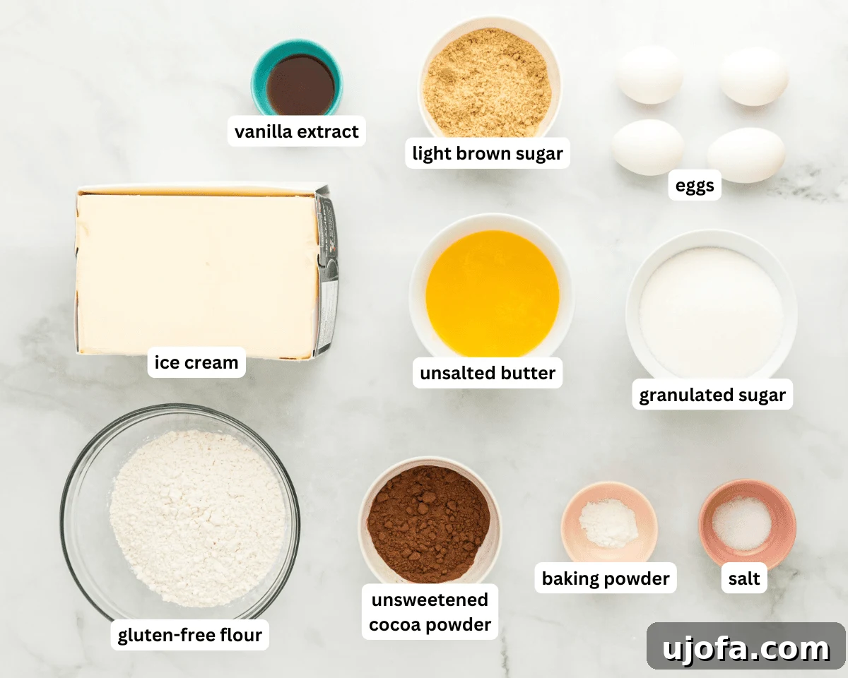 Collection of fresh baking ingredients for gluten-free ice cream sandwiches, including flour, cocoa powder, butter, and eggs, neatly arranged on a kitchen counter.