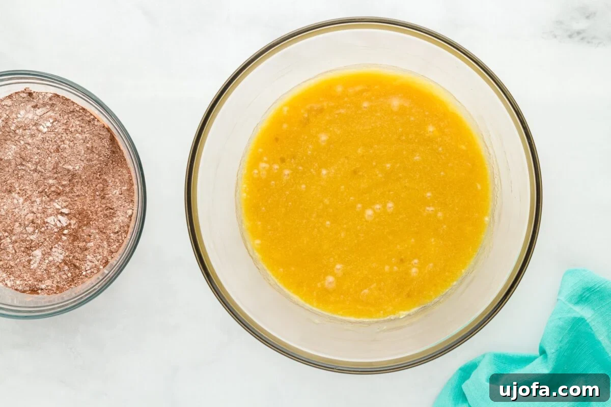 Side-by-side view of two mixing bowls. One bowl contains the perfectly mixed dry ingredients (cocoa and flour), and the other holds the combined wet ingredients (melted butter, sugar, vanilla, and egg), poised for the next step of combining.