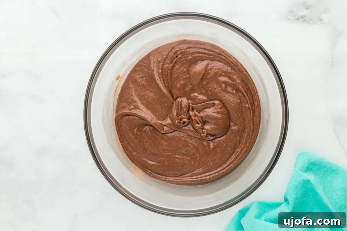 Smooth, glossy chocolate batter in a clear glass mixing bowl, perfectly combined and ready for spreading onto the baking sheet.