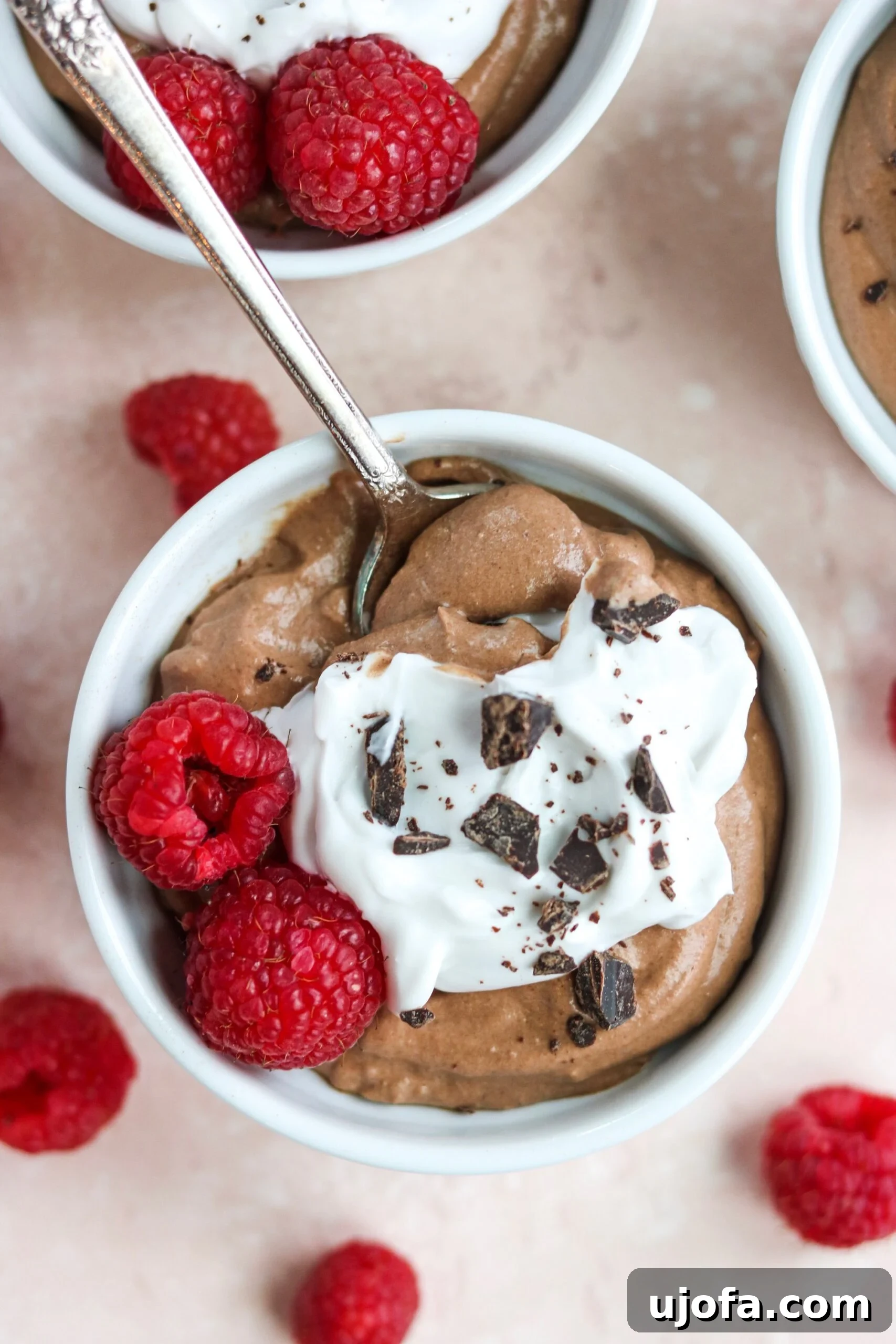 Paleo Vegan Chocolate Mousse served in a glass ramekin, topped with fresh raspberries and chocolate shavings.