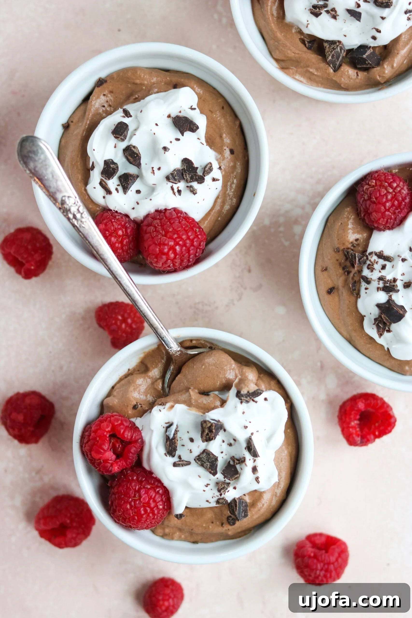 Close-up of Paleo Vegan Chocolate Mousse, showing its creamy texture and a sprinkle of cacao powder.