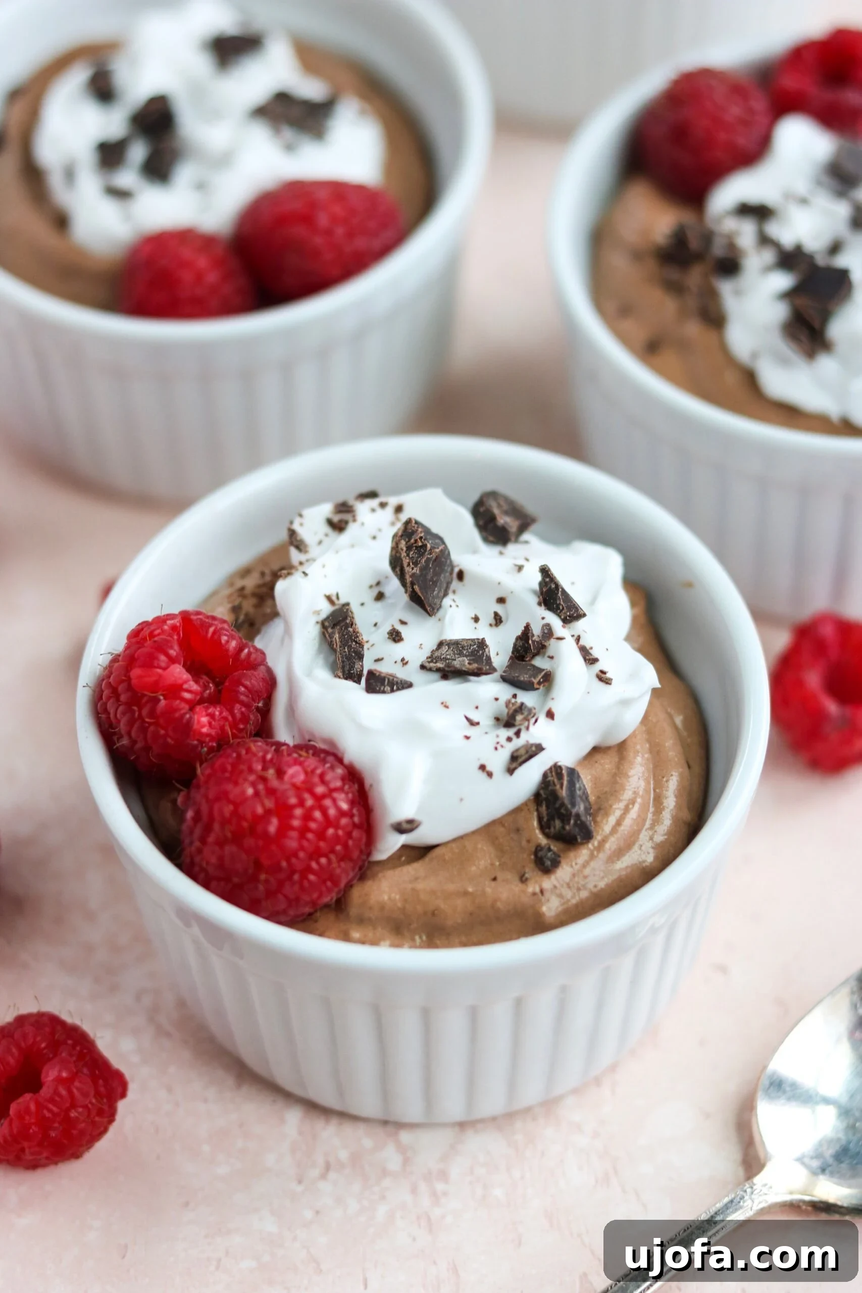 Paleo Vegan Chocolate Mousse served in a bowl, with a spoon digging in, showing its light and airy texture.