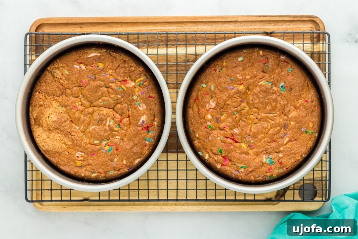 Overhead view of two baked funfetti cake layers cooling in their pans on a wire rack, with sprinkles visible on top.