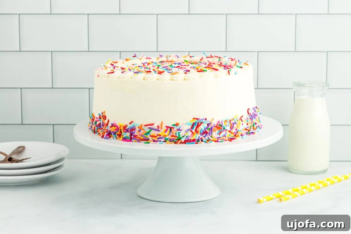 A fully frosted gluten-free funfetti cake on a white cake stand, decorated with rainbow sprinkles around the base and on top, with a bottle of milk and yellow straws nearby.
