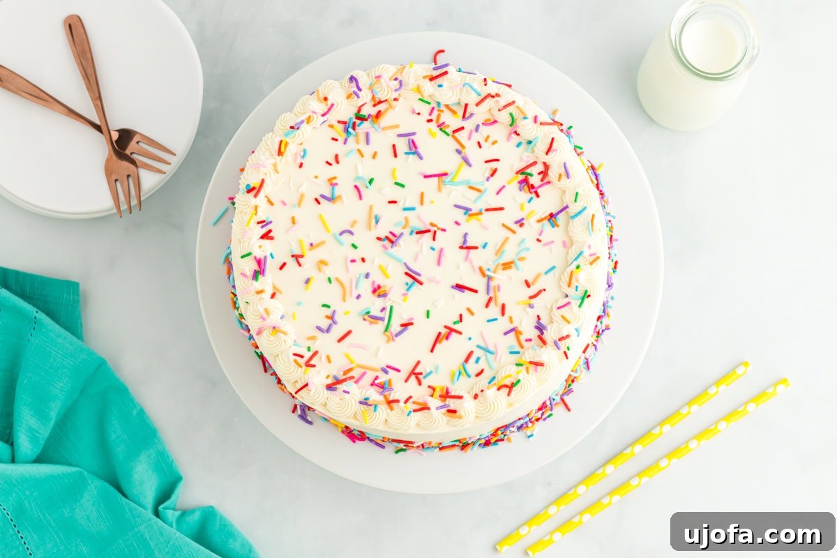 A top-down view of the finished funfetti cake, showing piped frosting swirls along the edge and a generous layer of rainbow sprinkles.