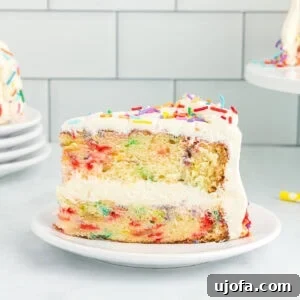 A close-up of a slice of gluten-free funfetti cake with white buttercream frosting and rainbow sprinkles, showing the colorful sprinkle-filled layers inside.