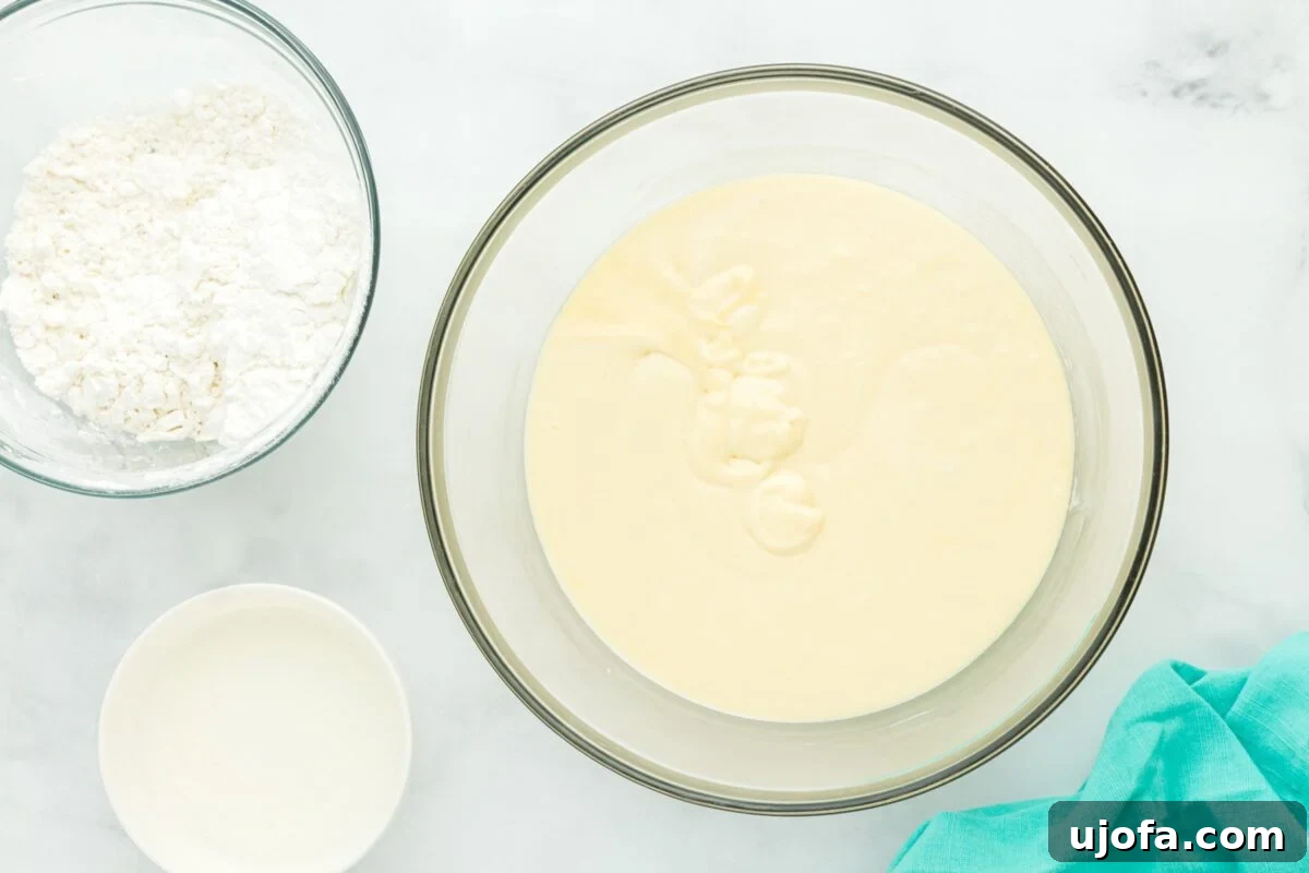 A bowl filled with pale, smooth gluten-free cake batter, ready for sprinkles.