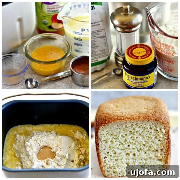 Three steps to make gluten-free homemade bread in a bread machine, showing ingredients being added.