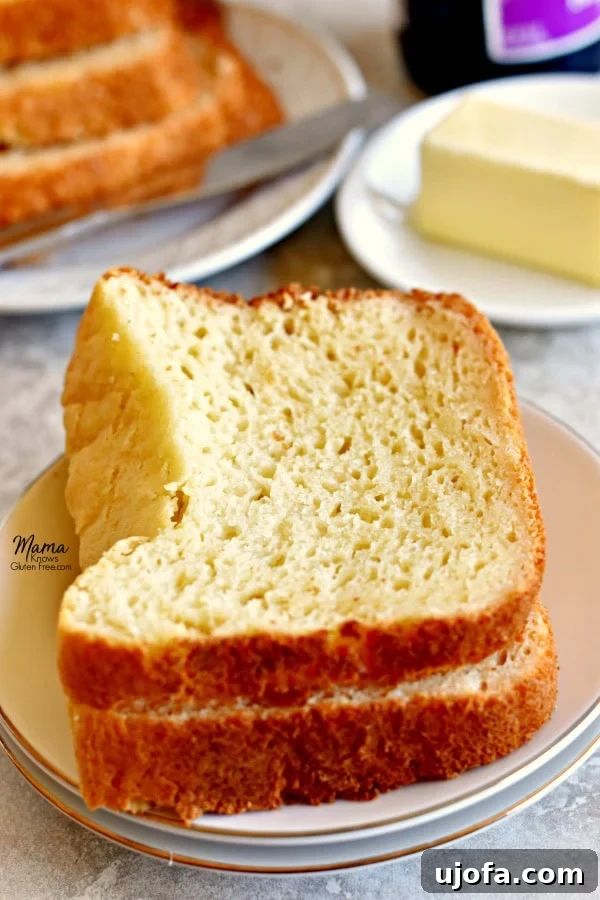 Gluten-free bread slices on a plate with butter and jelly in the background, showing soft texture.