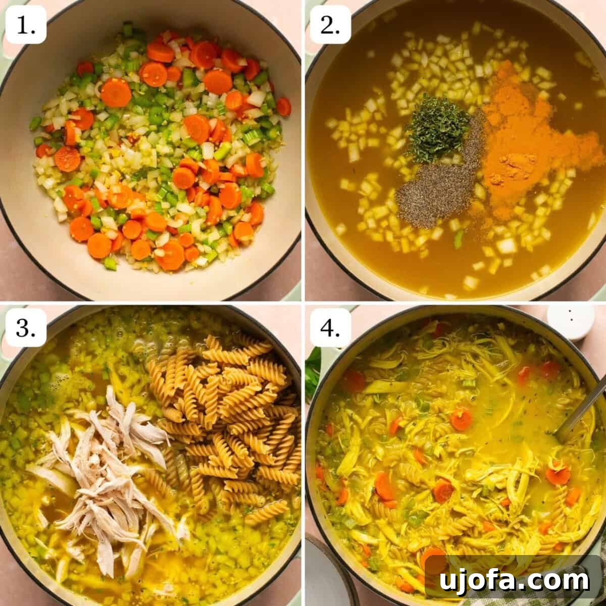 Hearty Gluten-Free Chicken Soup From Scratch 4 Step-by-step photos illustrating the process of making homemade gluten-free chicken soup, from sautéing vegetables to combining ingredients.