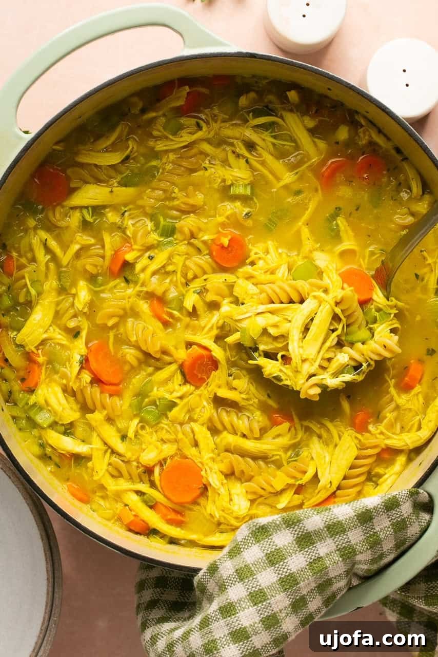 Hearty Gluten-Free Chicken Soup From Scratch 5 A large soup pot filled with homemade gluten-free chicken soup, ready to be served.