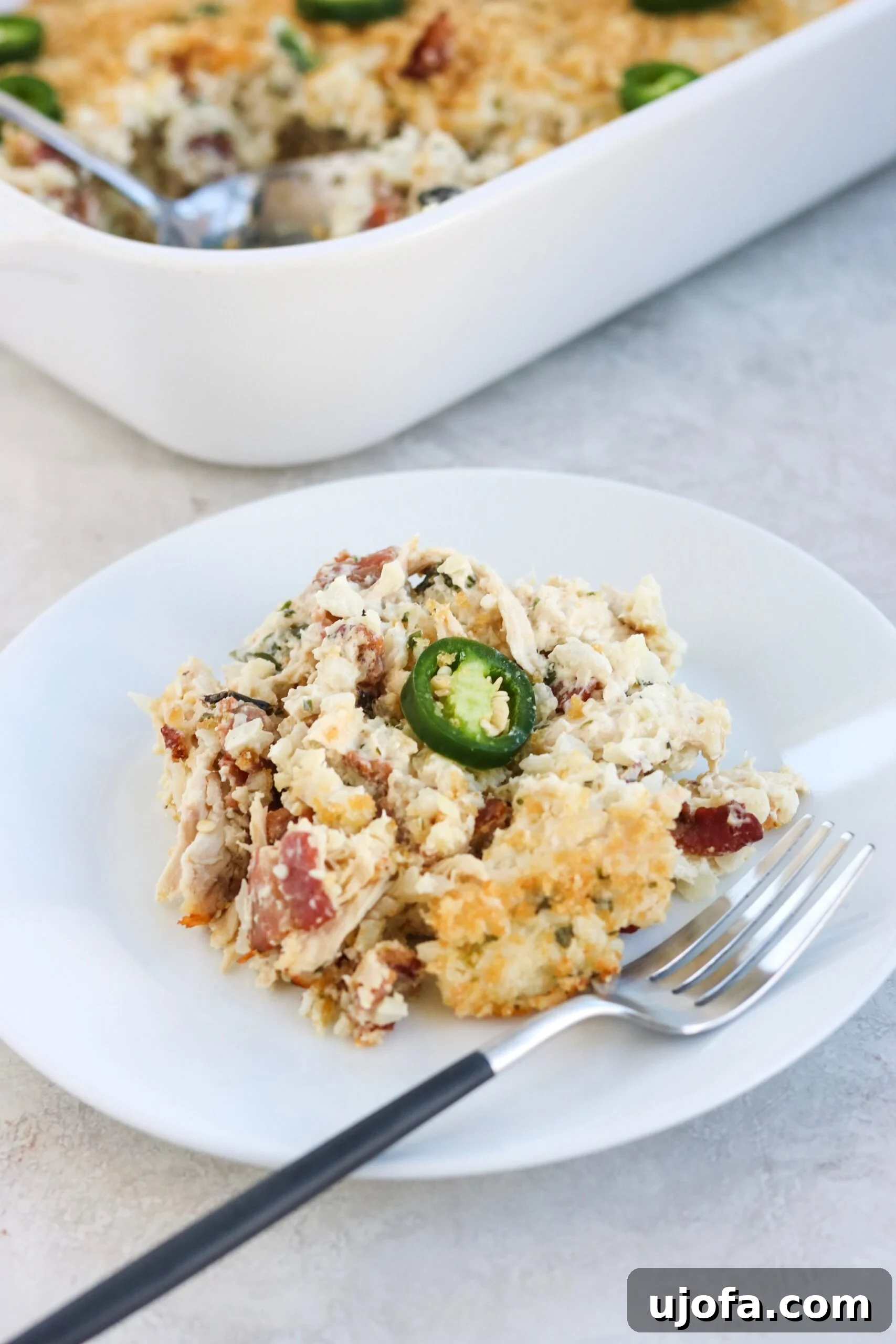 Bacon Jalapeno Popper Chicken Casserole, close up