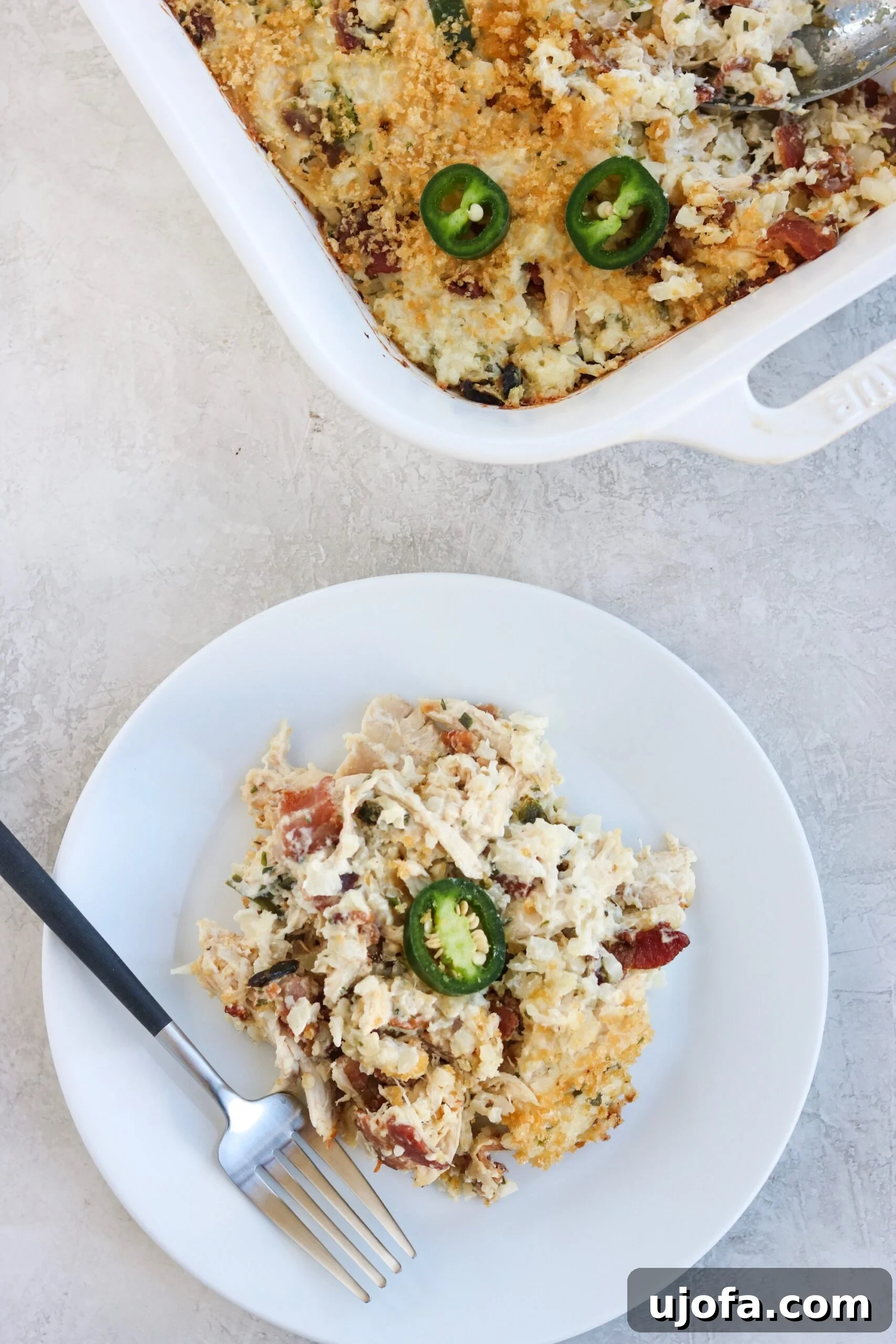 Bacon Jalapeno Popper Chicken Casserole, in a dish